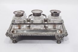 Victorian silver plated inkstand, rectangular with gadrooned and shell border,