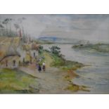 19th century school Watercolour drawing Figures walking along estuary path, initialled 'F.A.