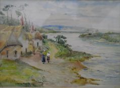 19th century school Watercolour drawing Figures walking along estuary path, initialled 'F.A.