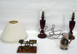 Pair of wood painted table lamps with cream pleated shades,