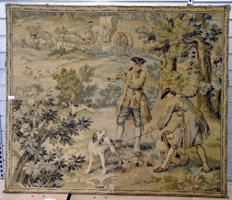 A machine tapestry of a French hunting scene, the huntsmen with three hounds,