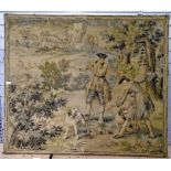 A machine tapestry of a French hunting scene, the huntsmen with three hounds,