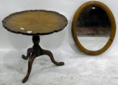 Burr oak piecrust circular top tripod table on turned supports with splayed legs,