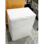 White painted Lloyd Loom linen basket with hinged cover, with original label below,