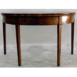 Late Georgian mahogany demi-lune foldover top tea table with plain frieze, on square tapering legs,