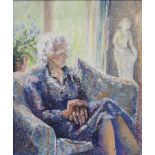 Valerie Wood (20th century) Oils on board Half-length portrait of elderly woman with Persian-style