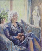 Valerie Wood (20th century) Oils on board Half-length portrait of elderly woman with Persian-style