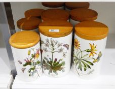 Six Portmeirion 'The Botanic Garden' pattern large storage jars with wooden lids and three smaller