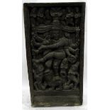 Old rectangular heavily carved panel from Arunachal Pradesh, depicting deity surrounded by figures,