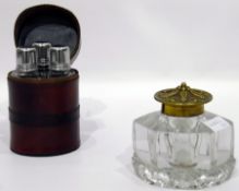 Cased set of three flasks within leather case and a cut glass inkwell with brass lid and collar (2)