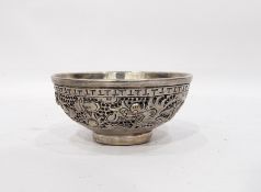 Chinese silver-coloured cast metal bowl with dragons and flaming pearl autour, on circular foot,