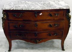 Reproduction Louis XV style marble top commode of bombe shape with three drawers, gilt metal mounts,