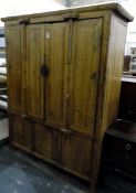 Antique pine Chinese travelling food cupboard with central cupboard enclosing shelves and drawers,