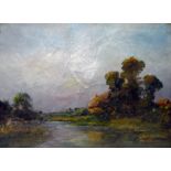 Late 19th/early 20th century school Oil on canvas River landscape with cottage,