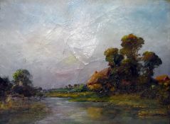 Late 19th/early 20th century school Oil on canvas River landscape with cottage,