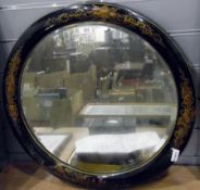 Circular bevelled edge mirror within black lacquer frame, 53 cms dima.