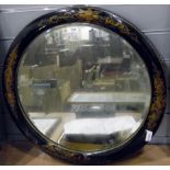 Circular bevelled edge mirror within black lacquer frame, 53 cms dima.