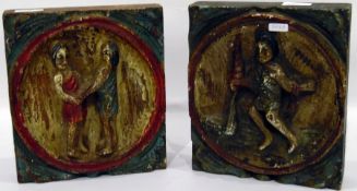 LOT WITHDRAWN Pair of carved wooden and distressed plaques showing indigenous figures in relief