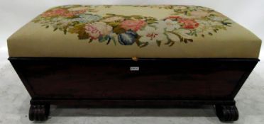 Victorian mahogany ottoman with floral needlework upholstered top,