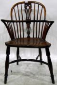 Antique yew windsor chair with railback and central pierced splat,