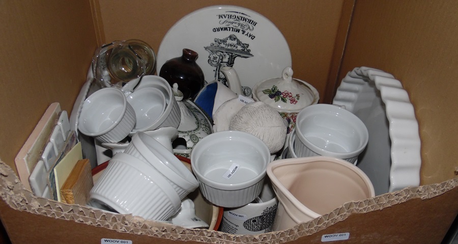 Assorted ceramics including a ceramic trivet marked Day & Millwood, Birmingham, various ramekins,