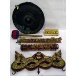 Antique Buddhist metal temple gong with wooden handled striker and gilded wood and glass inset,