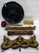 Antique Buddhist metal temple gong with wooden handled striker and gilded wood and glass inset,