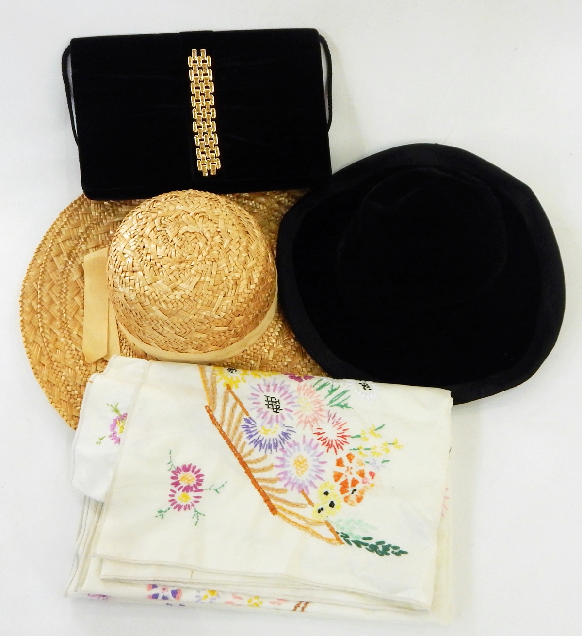 Black velvet vintage hat by Reoine, Paris, 189 Regent Street, a straw hat, assorted handbags,
