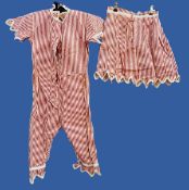 An Edwardian twill cotton red and white striped bathing suit, cut petal detail to collar,