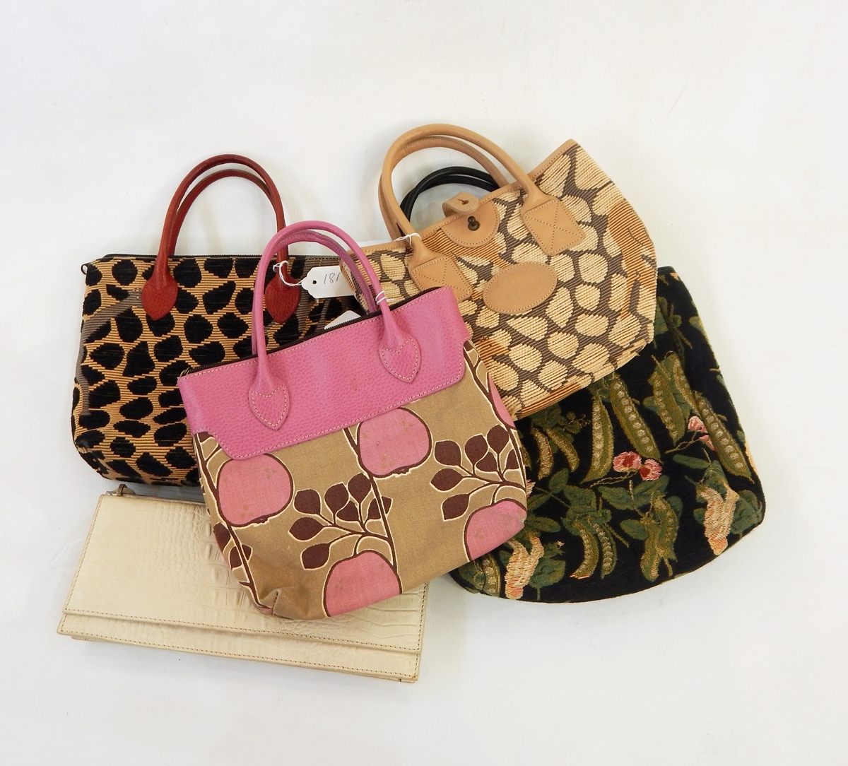 Various Liz Cox handbags, a Karen Millen cream leather printed crocodile envelope handbag,