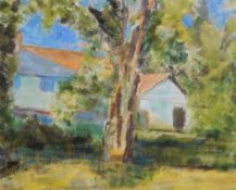 20th century school Oil on board Cottage with tree in foreground, unsigned,