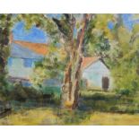 20th century school Oil on board Cottage with tree in foreground, unsigned,