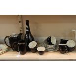 Poole black ovoid vase with narrow neck, two coffee pots,