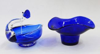 Blue and clear Art glass dish modelled as a bird and a blue glass posy vase (2)