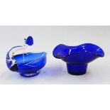 Blue and clear Art glass dish modelled as a bird and a blue glass posy vase (2)