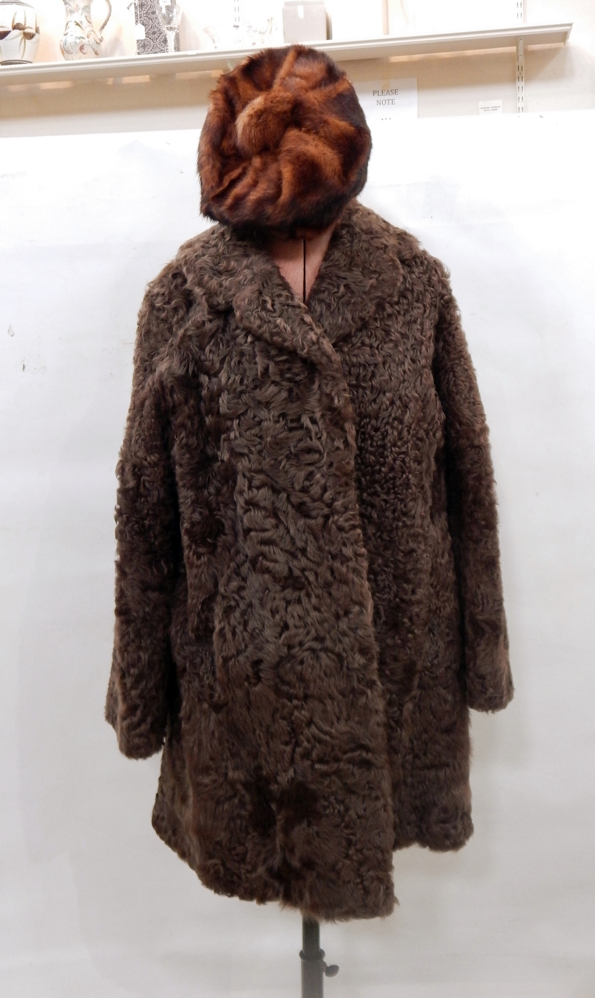 Brown Persian lamb three-quarter length coat and a mink hat (2)