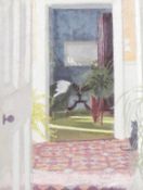 K Ray (20th century) Oil on board View of an interior through a doorway with a cat lower right,