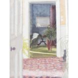 K Ray (20th century) Oil on board View of an interior through a doorway with a cat lower right,