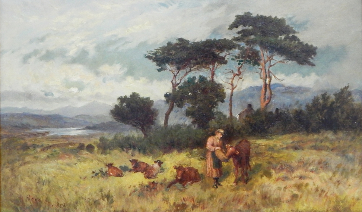 H Medshaw(?) Oil on canvas Farm scene with lake and mountains in background,