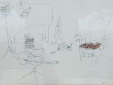 After Millicent Tonkins (contemporary) Pair of colour prints Abstract drawings of instruments in