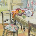 Elizabeth Morris (20th century) Oil on board Kitchen scene with chairs, fruit and table, unsigned,