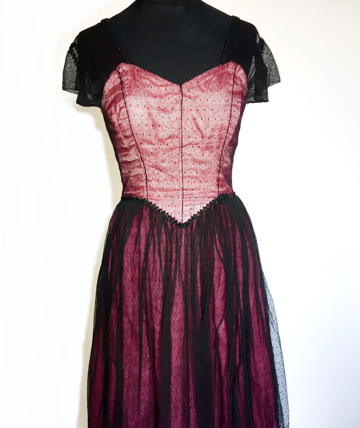 1950's black satin circle skirt with velvet applique detail,