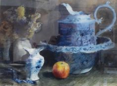 John Lidzey (1935-2009) Watercolour Still life with apple, with Linda Blackstone Gallery label,