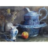 John Lidzey (1935-2009) Watercolour Still life with apple, with Linda Blackstone Gallery label,