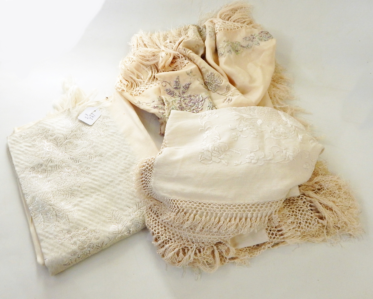 Large silk embroidered cream shawl with a double fringe,