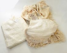 Large silk embroidered cream shawl with a double fringe,