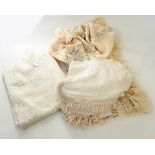 Large silk embroidered cream shawl with a double fringe,