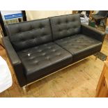 Knoll-style black leather and chrome two-seater settee, square-backed with button upholstery,