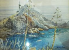 Harry Riley (1895-1966) Watercolour Castle on a mount by the sea, signed lower right,