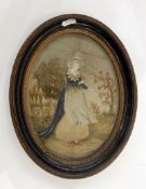 Late 18th century embroidered picture of a woman gathering flowers,